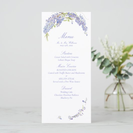 Elegante Paarse Wisteria Botanische Script bruilof Menu (Staand voorkant)