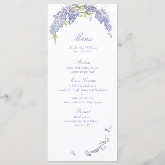 Elegante Paarse Wisteria Botanische Script bruilof Menu (Voorkant)