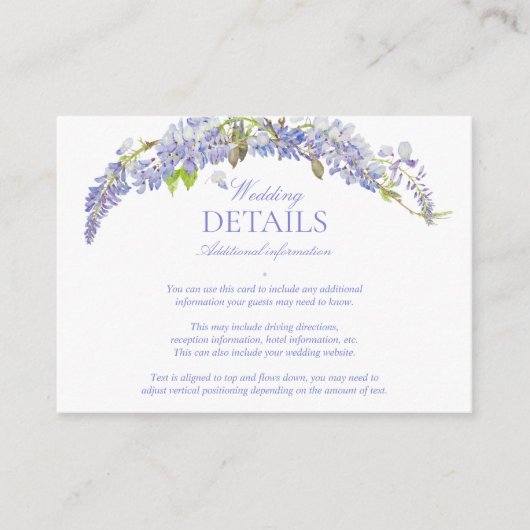 Elegante Paarse Wisteria Classic Script Details Informatiekaartje (Voorkant)