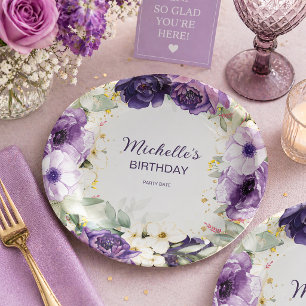 Elegante Paarse Witte Bloem Glitter Verjaardagsnaa Papieren Bordje