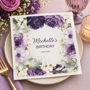 Elegante Paarse Witte Bloem Glitter Verjaardagsnaa Servet