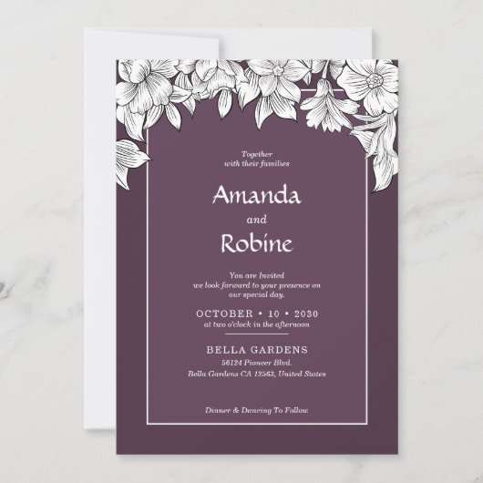 Elegante Paarse & Witte Bloemen Huwelijksuitnodigi Kaart (Voorkant)