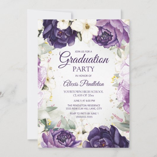 Elegante paarse witte bloemengraduatied kaart (Voorkant)