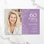 Elegante Paarse witte bloemfoto 60e verjaardag Kaart<br><div class="desc">Licht paarse lavendel witte bloemige 60e verjaardagsfeestuitnodiging met je foto op de voorkant van de kaart. Minimalistisch modern design met botanische contourtekenaccenten, faux gouden folie en typografie script lettertype. Eenvoudige trendy uitnodigingskaart perfect voor een stijlvol vrouwen dagfeest. Kan worden aangepast aan elke leeftijd. Gedrukte Zazzle-uitnodigingen of direct download digitale afdrukbare...</div>