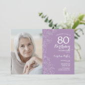 Elegante Paarse witte bloemfoto 80e verjaardag Kaart (Staand voorkant)