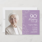 Elegante Paarse witte bloemfoto 90e verjaardag Kaart (Voorkant)