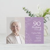 Elegante Paarse witte bloemfoto 90e verjaardag Kaart (Staand voorkant)
