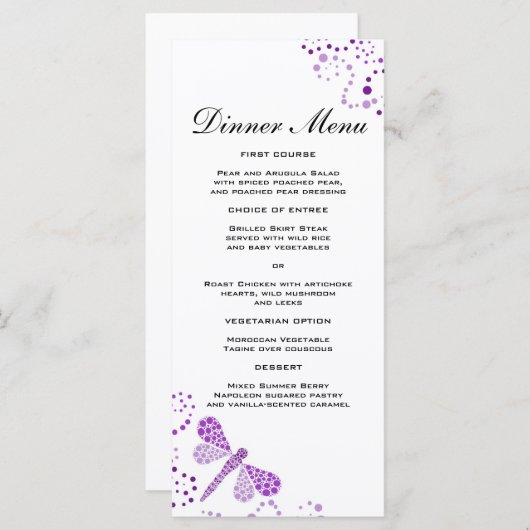 Elegante Paarse & Witte Dragonfly Slim Dinner Menu (Voorkant / Achterkant)