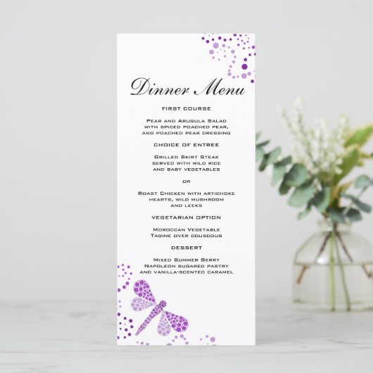 Elegante Paarse & Witte Dragonfly Slim Dinner Menu (Staand voorkant)