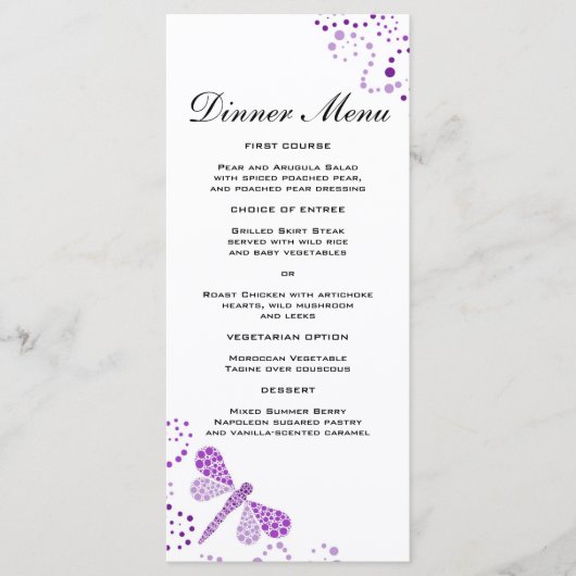 Elegante Paarse & Witte Dragonfly Slim Dinner Menu (Voorkant)