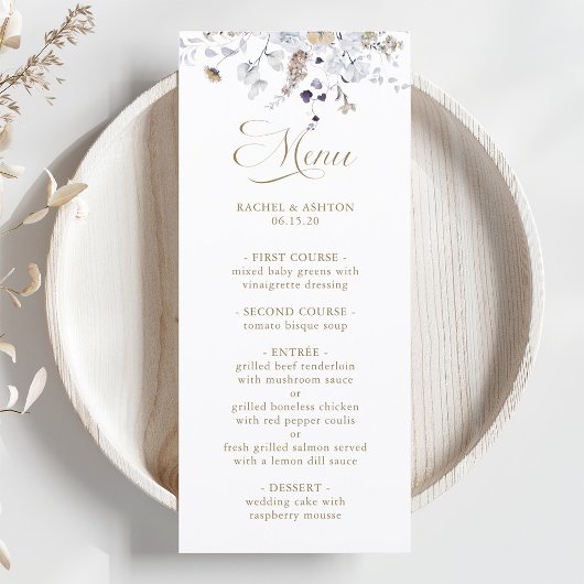 Elegante Paarse Witte Gouden Bloemige Bruiloft Menu