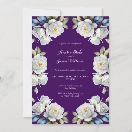 Elegante Paarse Witte Roos Bloemenrand Bruiloft Kaart (Voorkant)