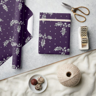 Elegante Paarse & Zilveren Glitter Kerst Holly Cadeaupapier
