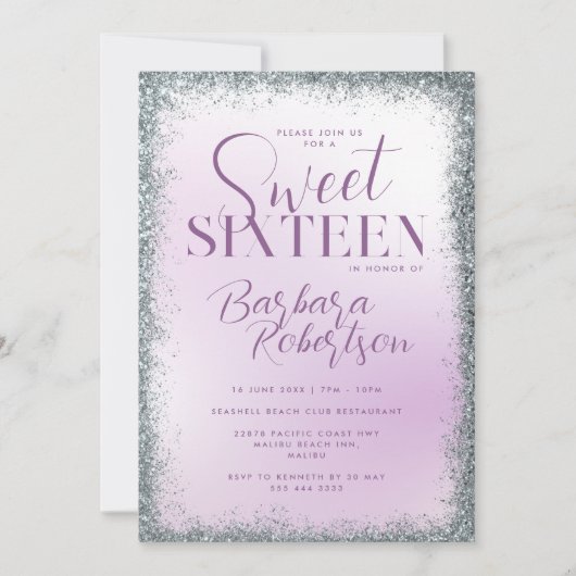 Elegante paarse zilveren glitterscript Sweet Sixte Kaart (Voorkant)