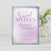 Elegante paarse zilveren glitterscript Sweet Sixte Kaart (Staand voorkant)