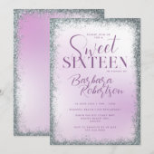 Elegante paarse zilveren glitterscript Sweet Sixte Kaart (Voorkant / Achterkant)