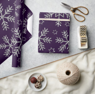 Elegante Paarse & Zilveren Sneeuwvlokken Kerstmis Cadeaupapier