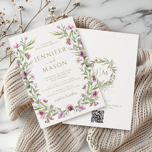 Elegante paarse zomertuinbloem Bruiloft Kaart