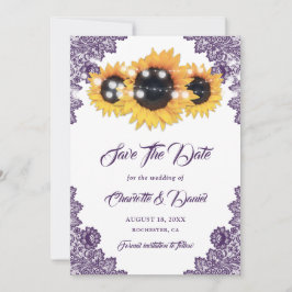 Elegante Paarse Zonnebloem Kanten Bruiloft Save The Date