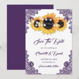Elegante Paarse Zonnebloem Kanten Bruiloft Save The Date