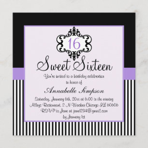 Elegante Paarse & Zwarte Chic Sweet 16 Uitnodiging