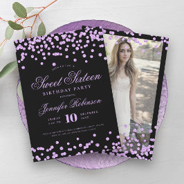 Elegante Paarse zwarte Confetti foto Sweet 16 Kaart