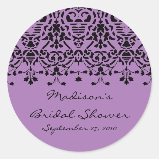 Elegante Paarse & Zwarte Damask Bruidsdouche Stick Ronde Sticker (Voorkant)