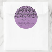 Elegante Paarse & Zwarte Damask Bruidsdouche Stick Ronde Sticker (Tas)