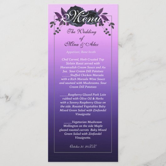 Elegante Paarse zwarte Rozen receptie Menu (Voorkant)