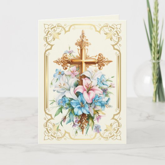 Elegante paas religieuze gouden kruis lelies. feestdagen kaart (Voorkant)