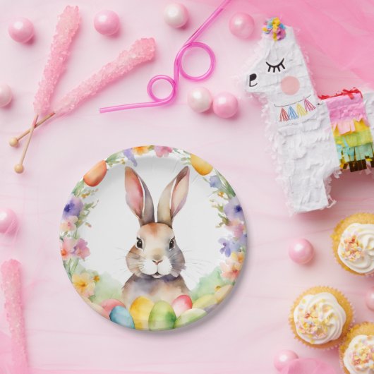 Elegante Paasbrunch Waterverf Bloemenkonijn Papieren Bordje (Feest)