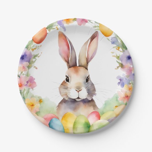 Elegante Paasbrunch Waterverf Bloemenkonijn Papieren Bordje (Voorkant)