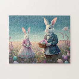 Elegante  paaskonijntjes die paaseieren plukken legpuzzel