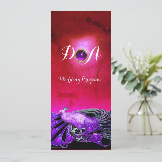 ELEGANTE PAAUW IN PAARS, ZWARTE TROUW MONOGRAM KAART (Staand voorkant)