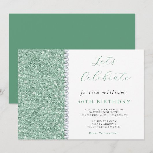 Elegante pailletten & diamanten mintgroene verjaar kaart (Voorkant / Achterkant)