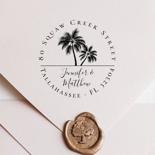 Elegante Palm Tree Getrouwd Paar Terugkeer Adres Rubberstempel