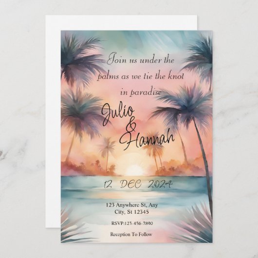 Elegante Palm Tree Sunset Bruiloft uitnodiging (Voorkant / Achterkant)