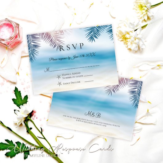 Elegante Palm Tree Tropical Beach Wedding RSVP-kaa RSVP Kaartje