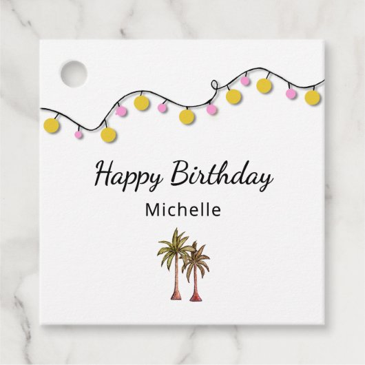 Elegante Palmbomen String Lights Tropische Verjaar Bedankjes Labels (Voorkant)