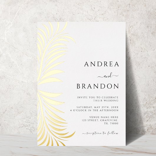 Elegante palmboom bladeren bruiloft alles in één g folie uitnodiging