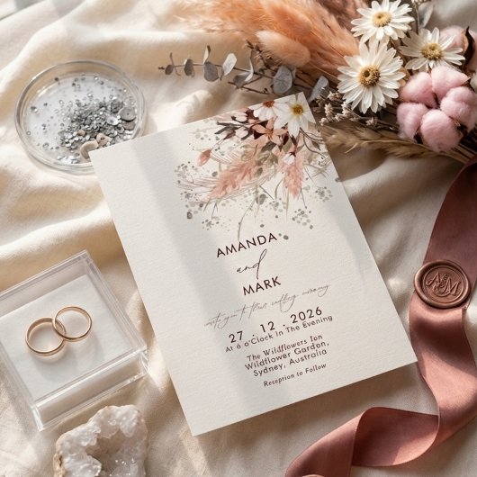 Elegante Pampagras Boho Wildbloem Bruiloft  Kaart
