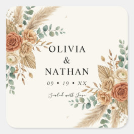 Elegante Pampas Boho Bloemige Trouw Vierkante Stic Sticker