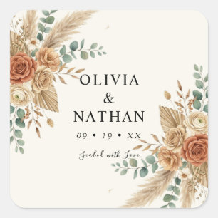Elegante Pampas Boho Bloemige Trouw Vierkante Stic Sticker