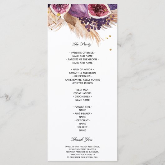 Elegante pampa's en Paarse vijgen huwelijksceremon Menu (Achterkant)