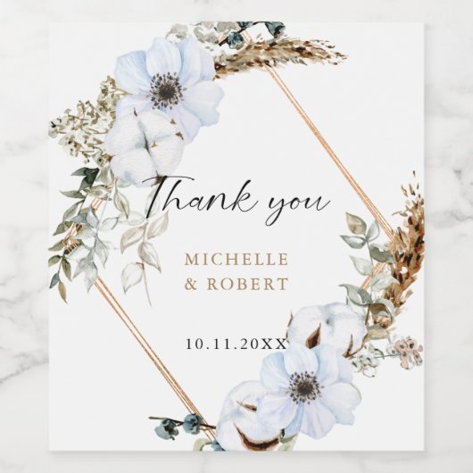 Elegante pampas gras en witte anemoon bruiloft wijn etiket (Enkel label)