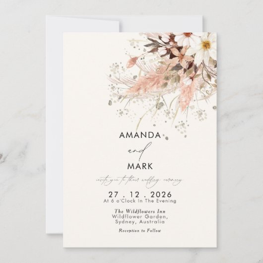 Elegante Pampas Grass Boho Wildflower Wedding Kaart (Voorkant)