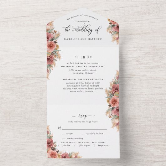 Elegante Pampas Grass bruiloft met geperforeerde R All In One Uitnodiging (Binnen)