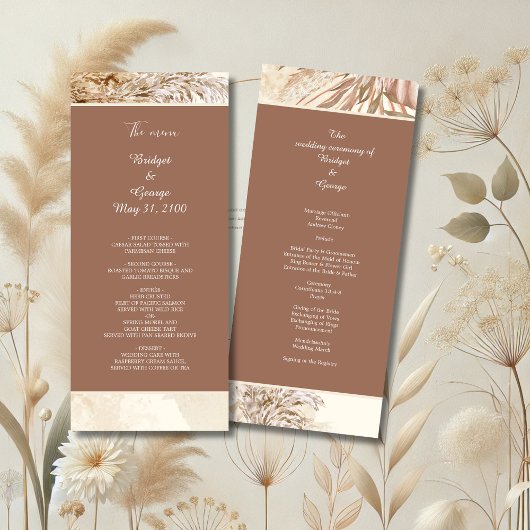 Elegante pampasgras Boho Neutraal Trouwen Programmakaart