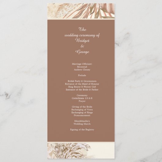 Elegante pampasgras Boho Neutraal Trouwen Programmakaart (Achterkant)