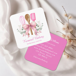 Elegante panadería con utensilios de arco rosado vierkante visitekaartje